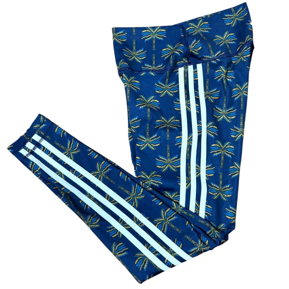 Adidas Navy Palm Tree Print 3 Stripe High Waist Tight Fit Leggings Size S